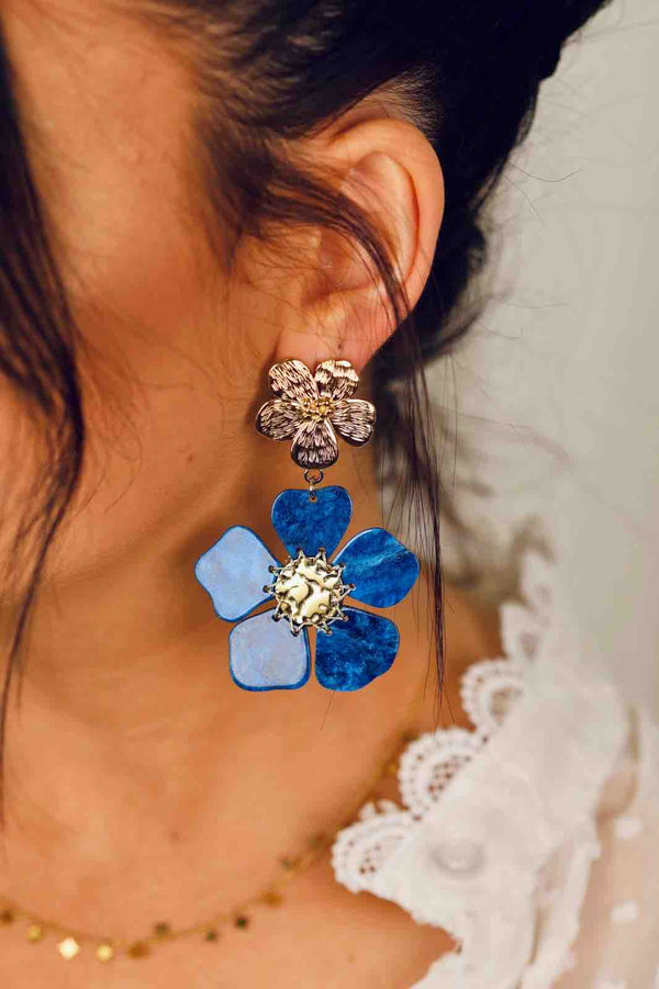 Boucle d'Oreille Flora  - Bleu, Blanc, Marron